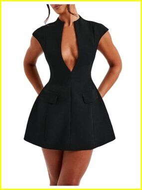 Women's Sexy Cap Sleeve Deep V Neck Zipper A-line Mini Dress Party Club